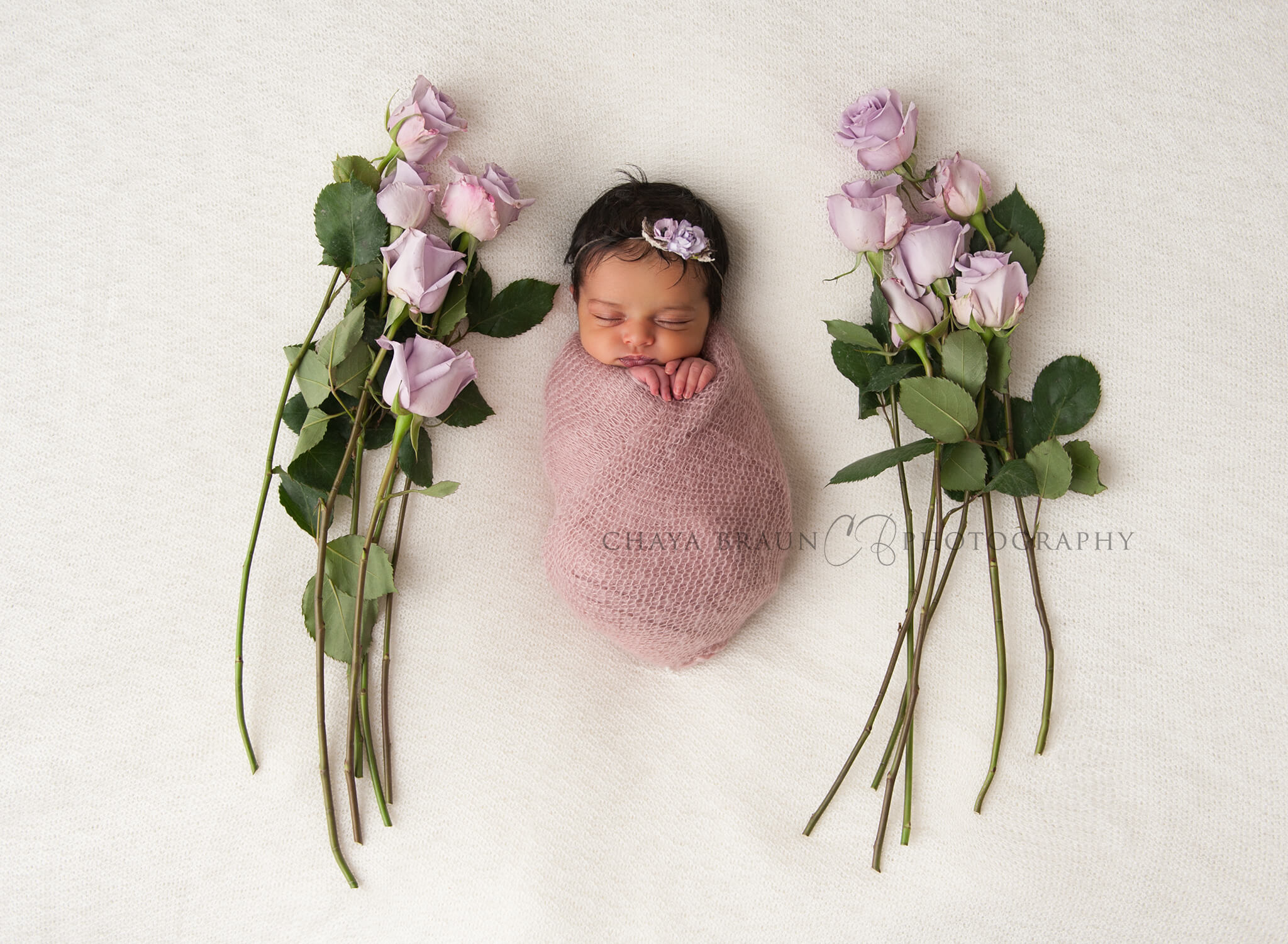 newborn baby girl with purple roses